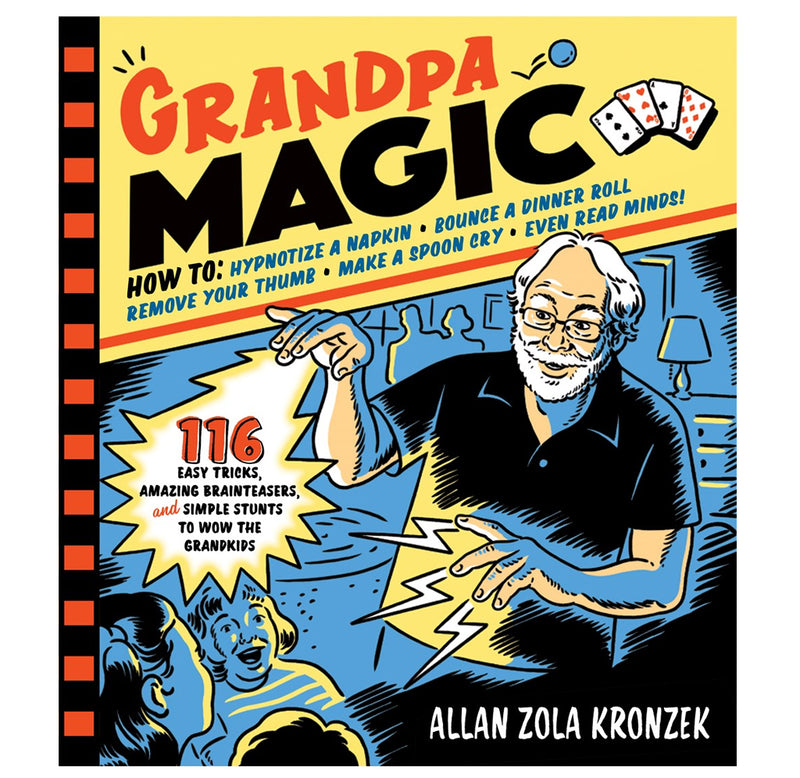 "Grandpa Magic" is a softcover book with a yellow, blue, and red illustration of an older male magician doing dazzling an audience of kids with lightning from fingertips.