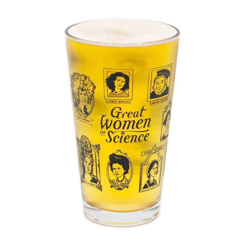 A 16oz pint glass with images of the great women of science portraits around the outside printed in black. A golden beer fills the clear glass to show contrast against the black printed sections.