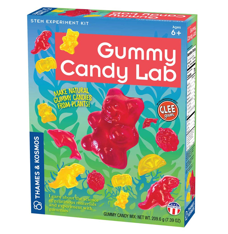 A blue and green box with red and yellow gummy bears, dinosaurs, dolphins, and fruit shapes scattered on the box.