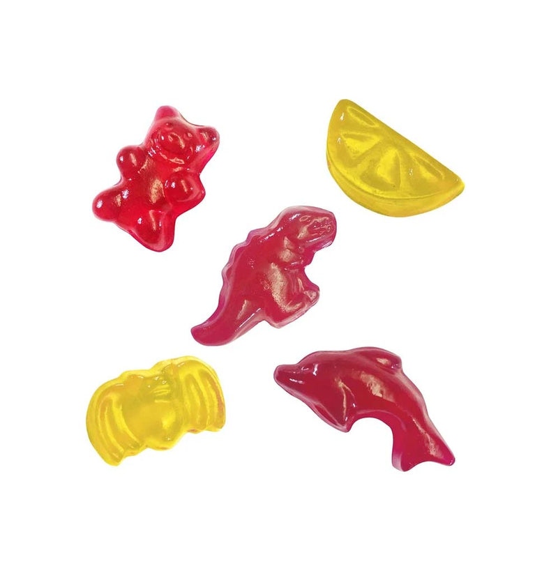 A close-up image of red and yellow gummies, including a dolphin, a dinosaur, a gummy bear, and fruit.