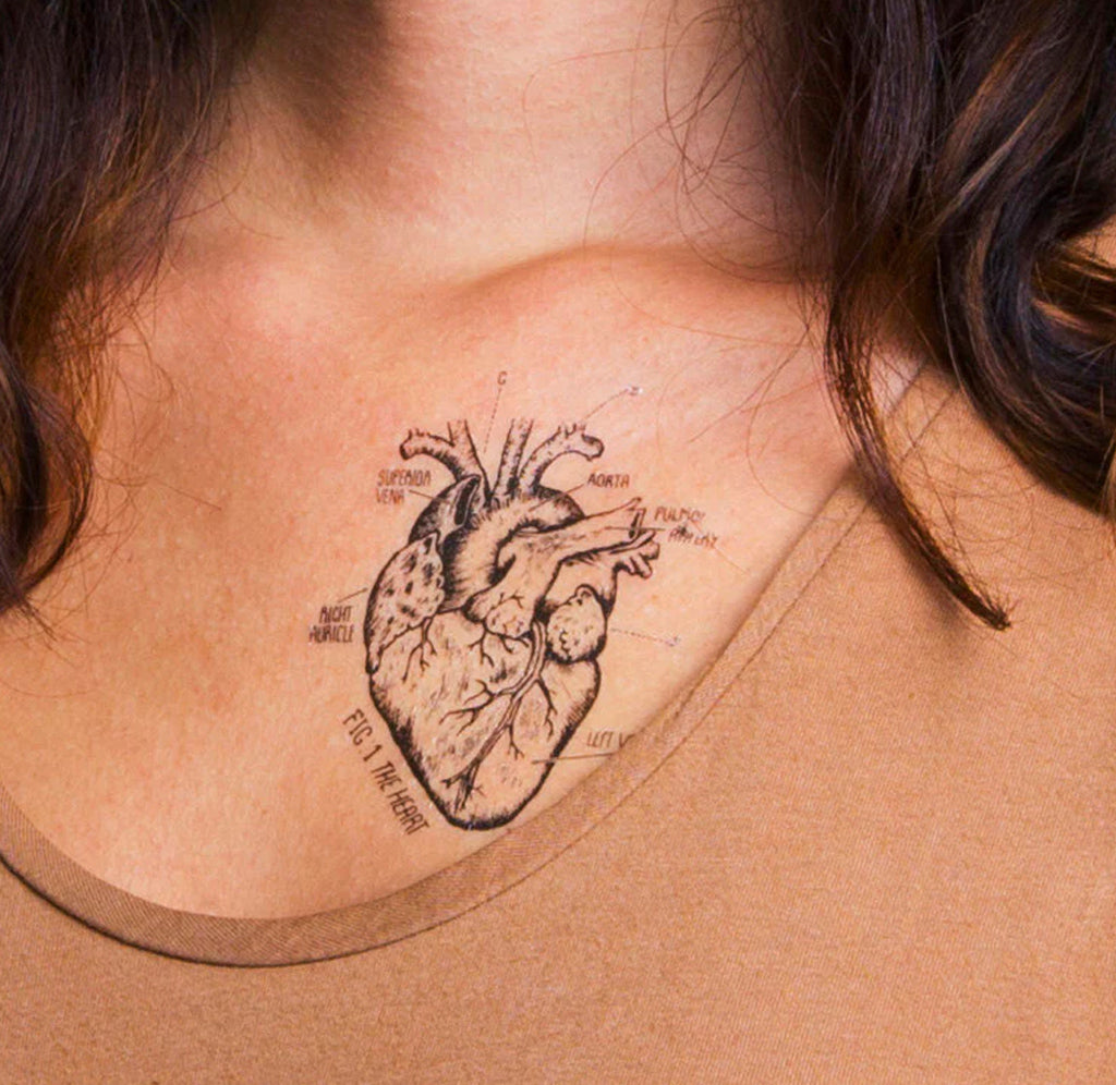 A close-up view of the black and white line drawn anatomical heart chart tattoo with labeling.  