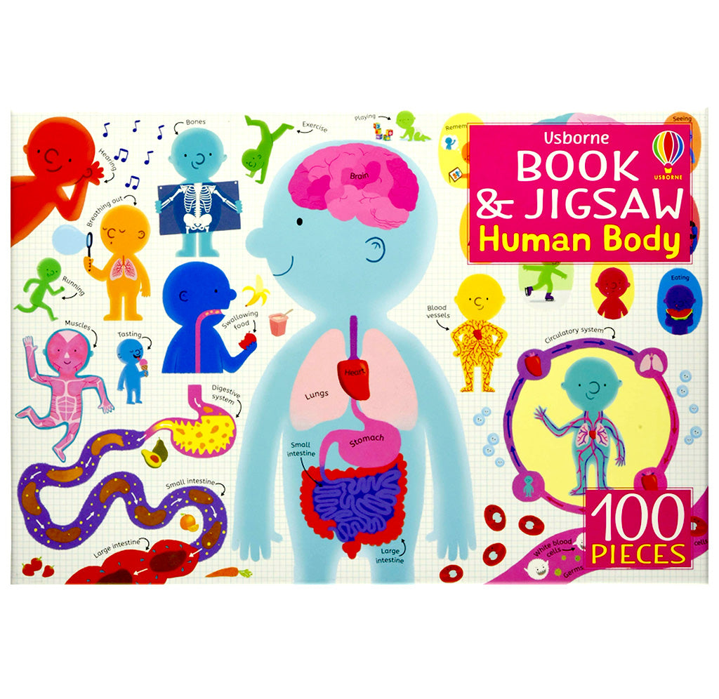 Colorful images of a human child figure showing different body functions such as digestion, hearing, breathing, and skeletal system.
