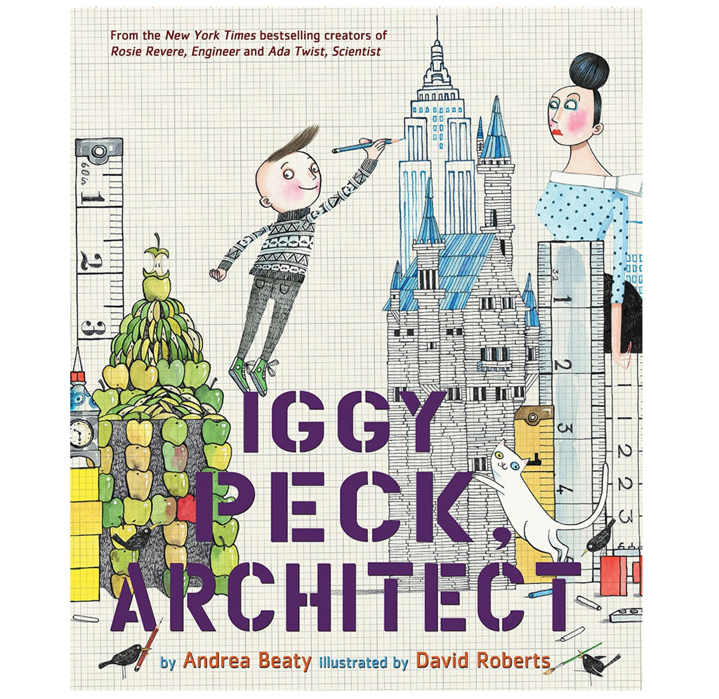 An illustration of Iggy Peck, a child architect, drawing one of his buildings, he is surrounded by his creations and measuring devices. 