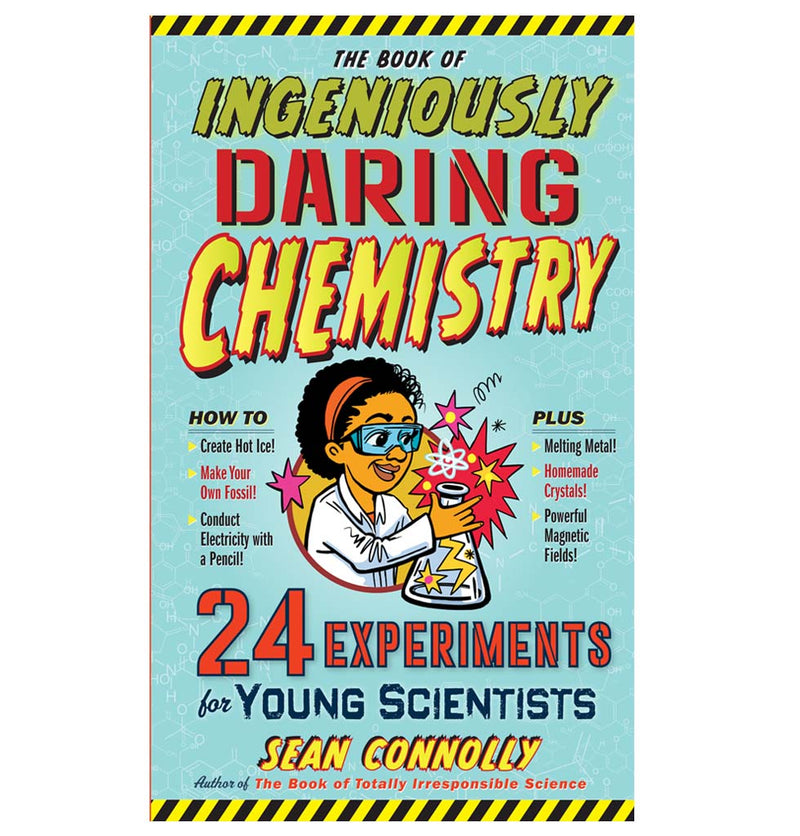 "The Ingeniously Daring Chemistry" book is a hardcover with a blue cover and bright green, red and yellow text; there is an image of a young girl holding a chemistry flask popping and crackling.