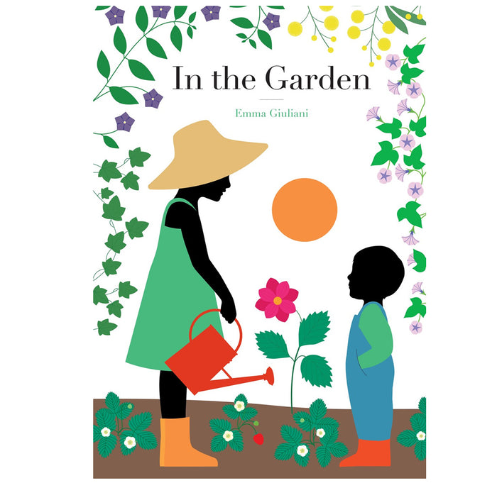 Adult in dress with red watering can and child in overalls in a garden  with orange sun. 