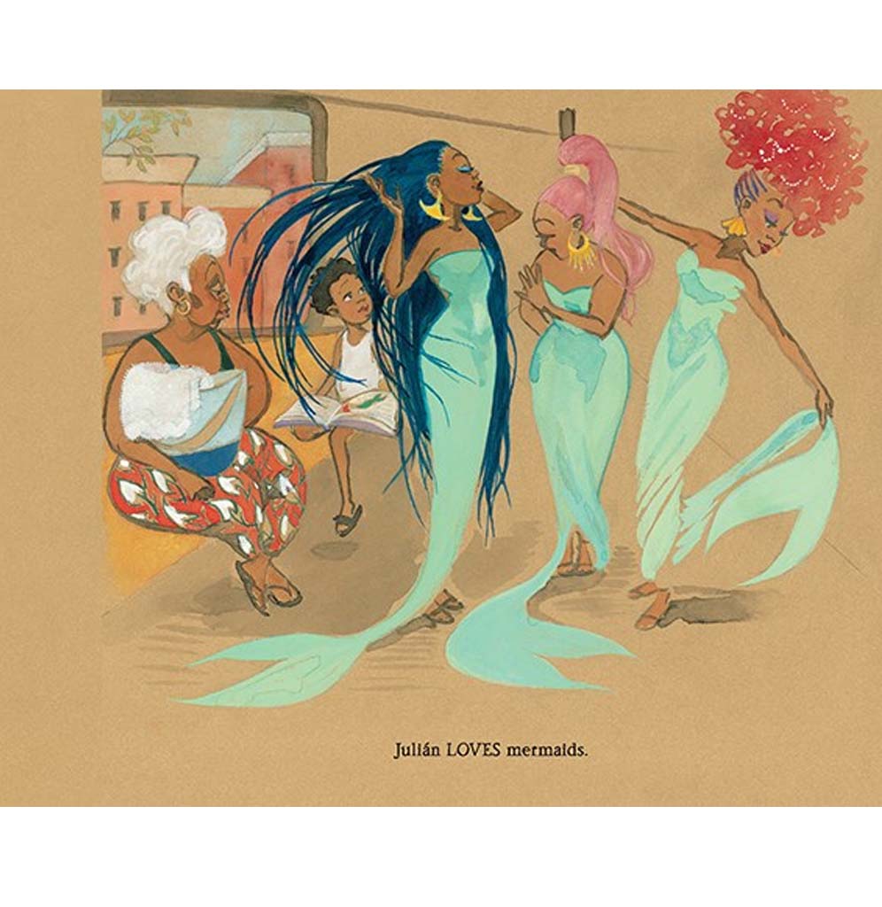 There is an illustrated page from the book; three women are standing in their green mermaid costumes while Julian looks on admiring them