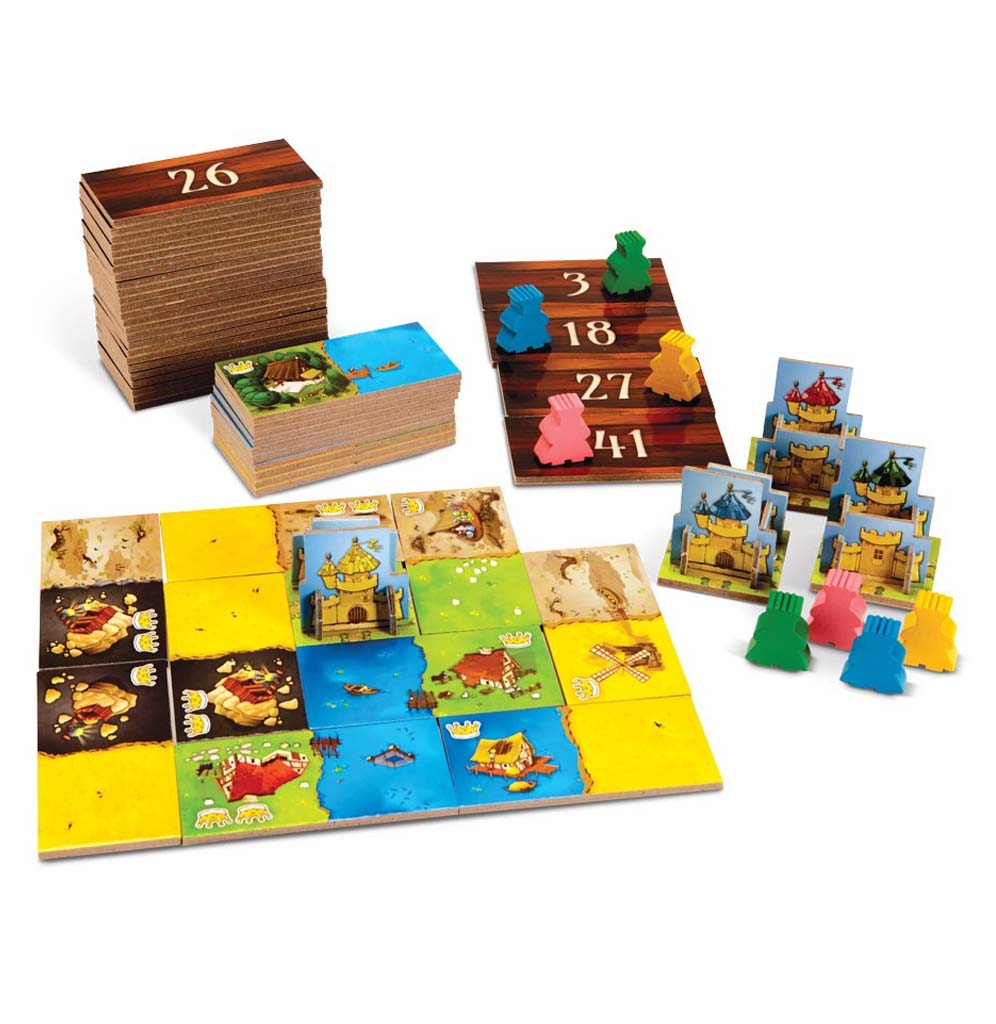  Kingdomino set up for gameplay. The game pieces are made up of high-quality cardboard. They are set up with four 3D castles, forty-eight tiles, and eight wooden king tokens.