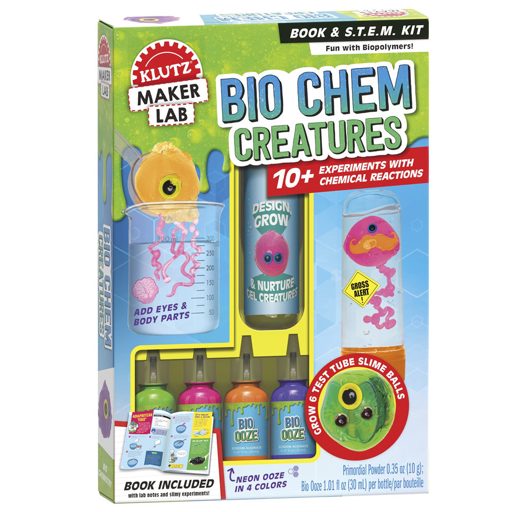 Blue and green box with beakers and test tubes filled with blobby biopolymers monsters complete with eyes and tentacles. Four bottles of neon bio ooze sit in the right bottom corner,