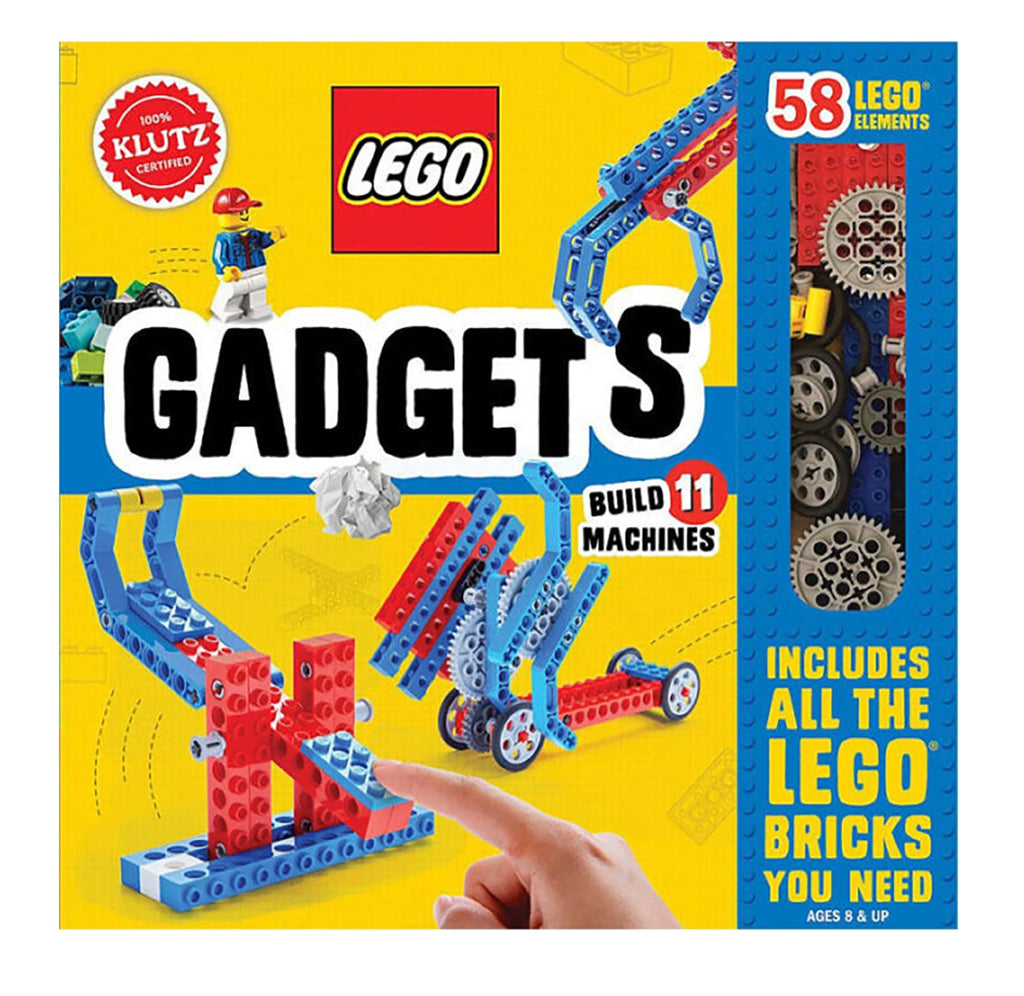 Blue and yellow cover with cross axels, technic bricks, plates, pegs, gear, and wheels showcasing objects one can build with this kit.
