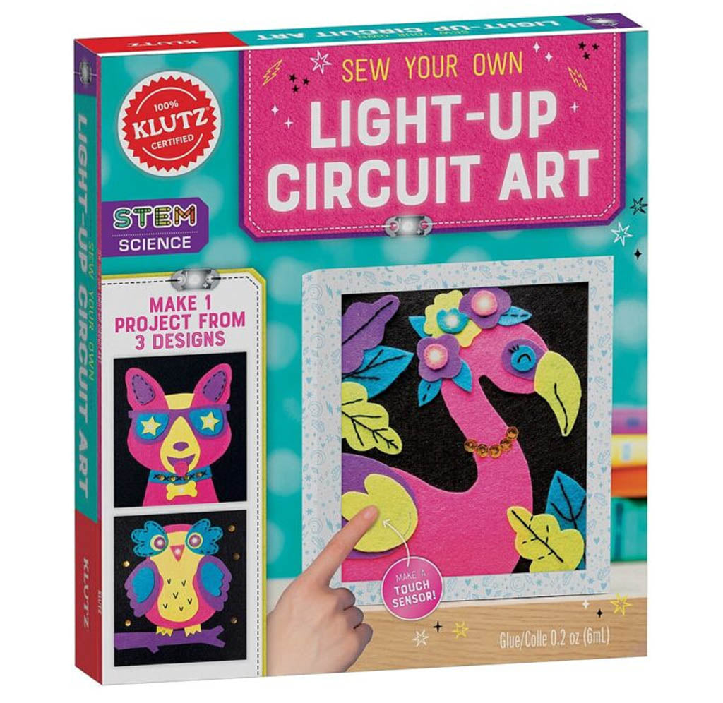 The cover design for this kit shows the three light-Up circuits designs made with this kit; a dog wearing sunglasses, an owl and a flamingo in bright pink, blue, yellow, purple and black felt.