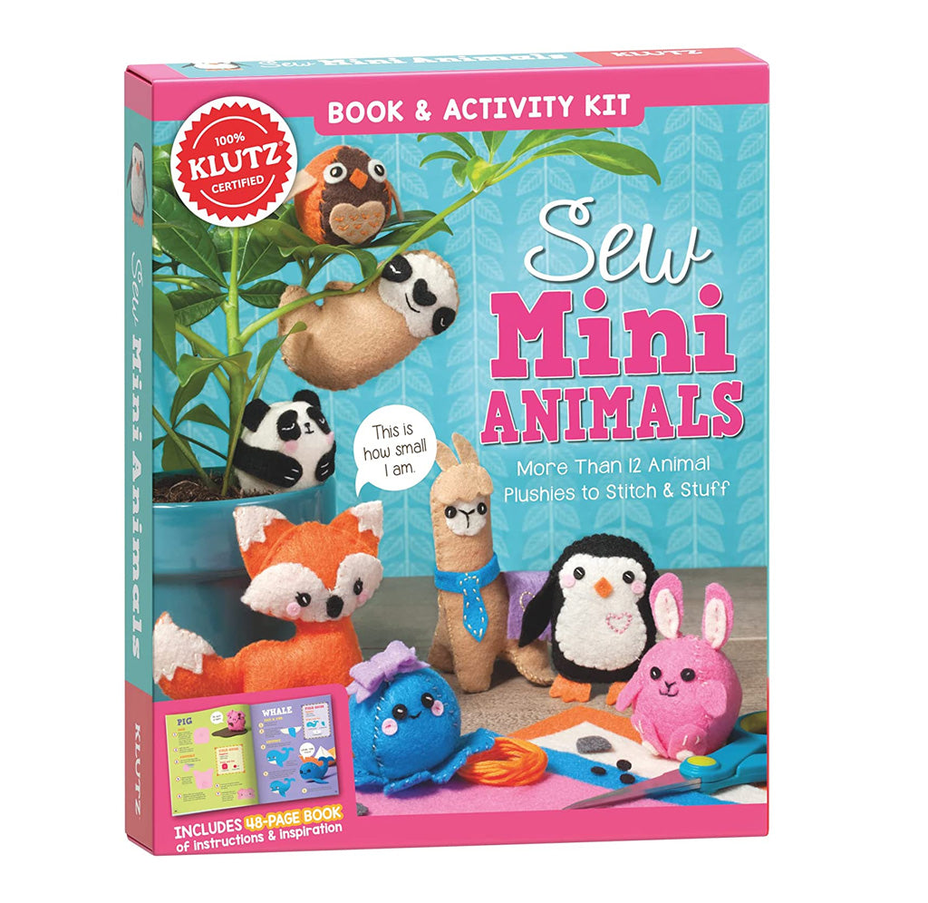A pink and blue box with samples of mini animals that you can make. Included are a panda, a fox, a bunny, an octopus, a penguin, a sloth, and a bird,