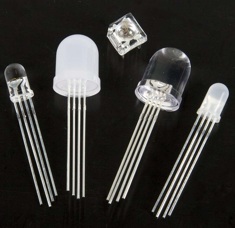 Five clear and opaque LEDs with 5mm and 10mm sit against a black background.