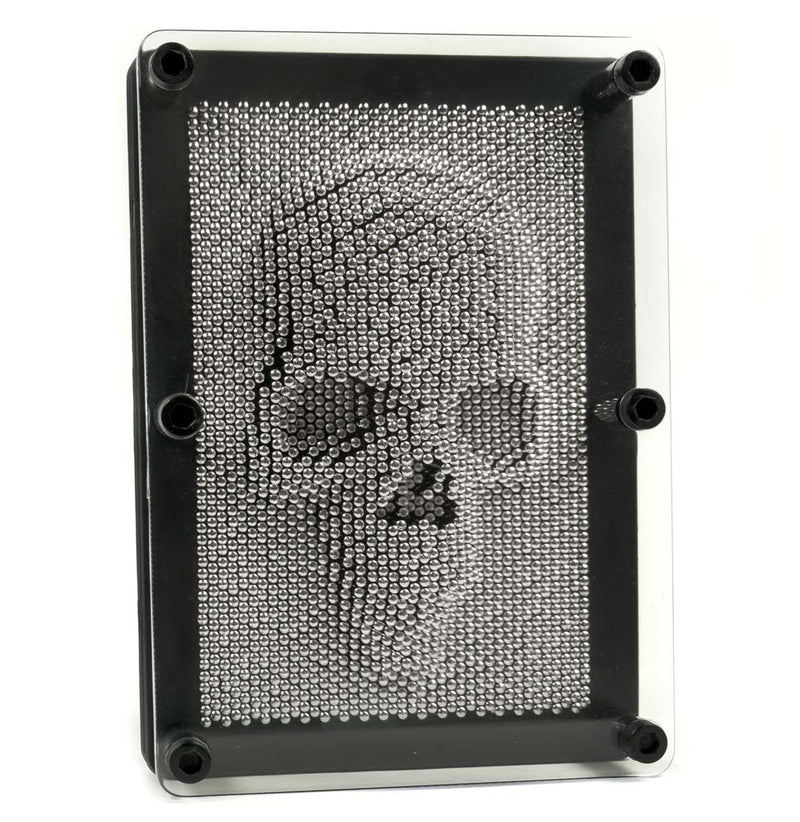 A rectangular-shaped metal frame with continuous rows of pinheads with a concave skull shape impression sits against a white background.