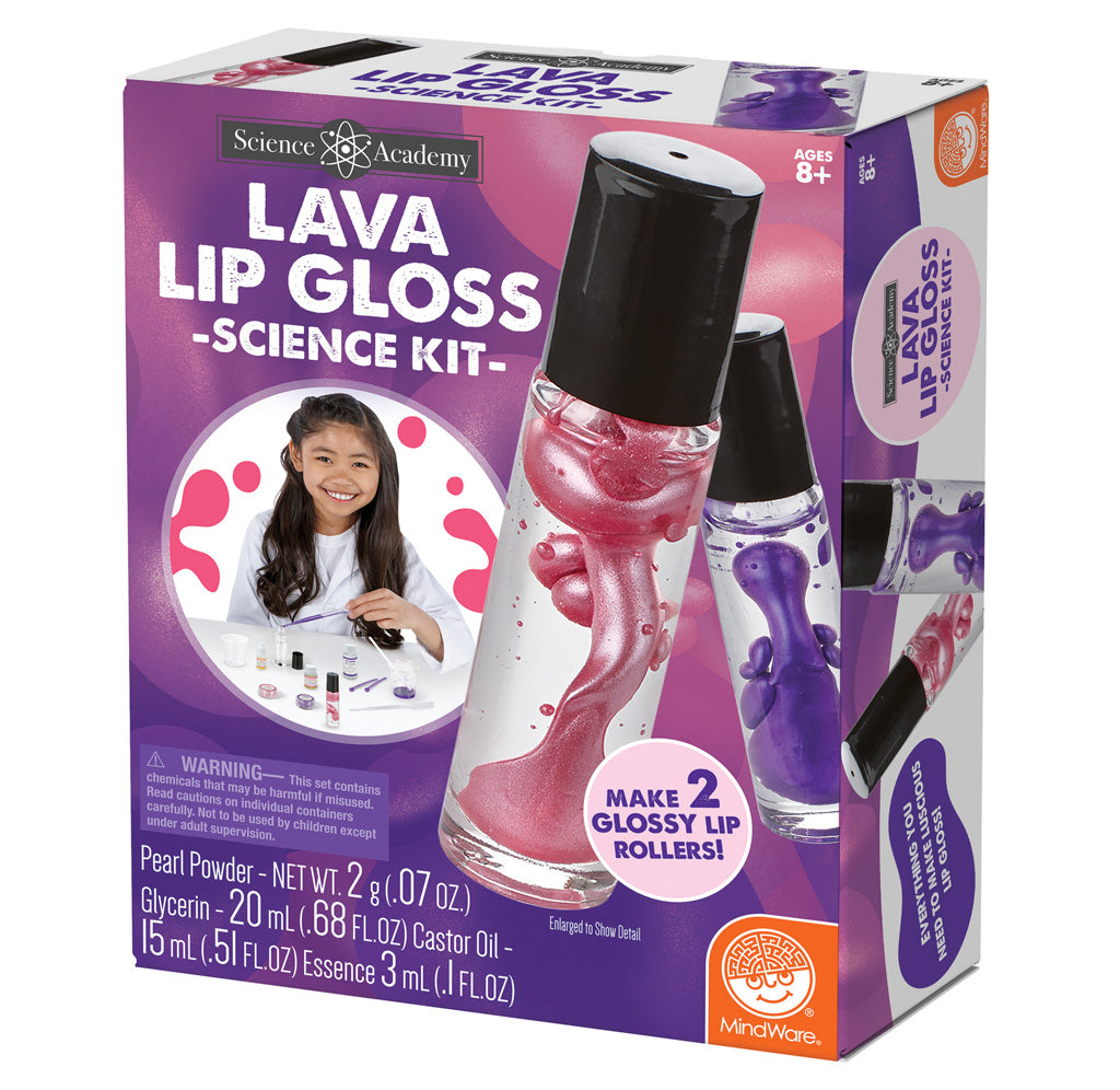 A pink and purple box with one pink and one purple lava lip gloss tube. A young girl in a science coat is experimenting with the kit.