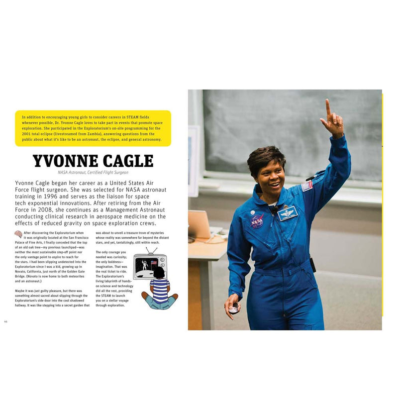 This is a layout page; there is a photograph of Yvonne Cragle wearing her blue NASA uniform and waving with her right hand.