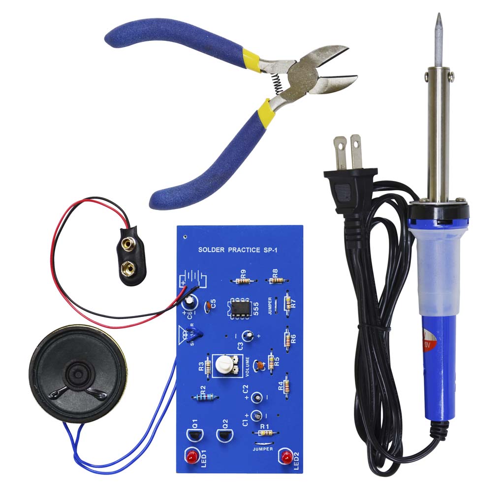 A blue circuit board, a soldering iron, and wire cutters.