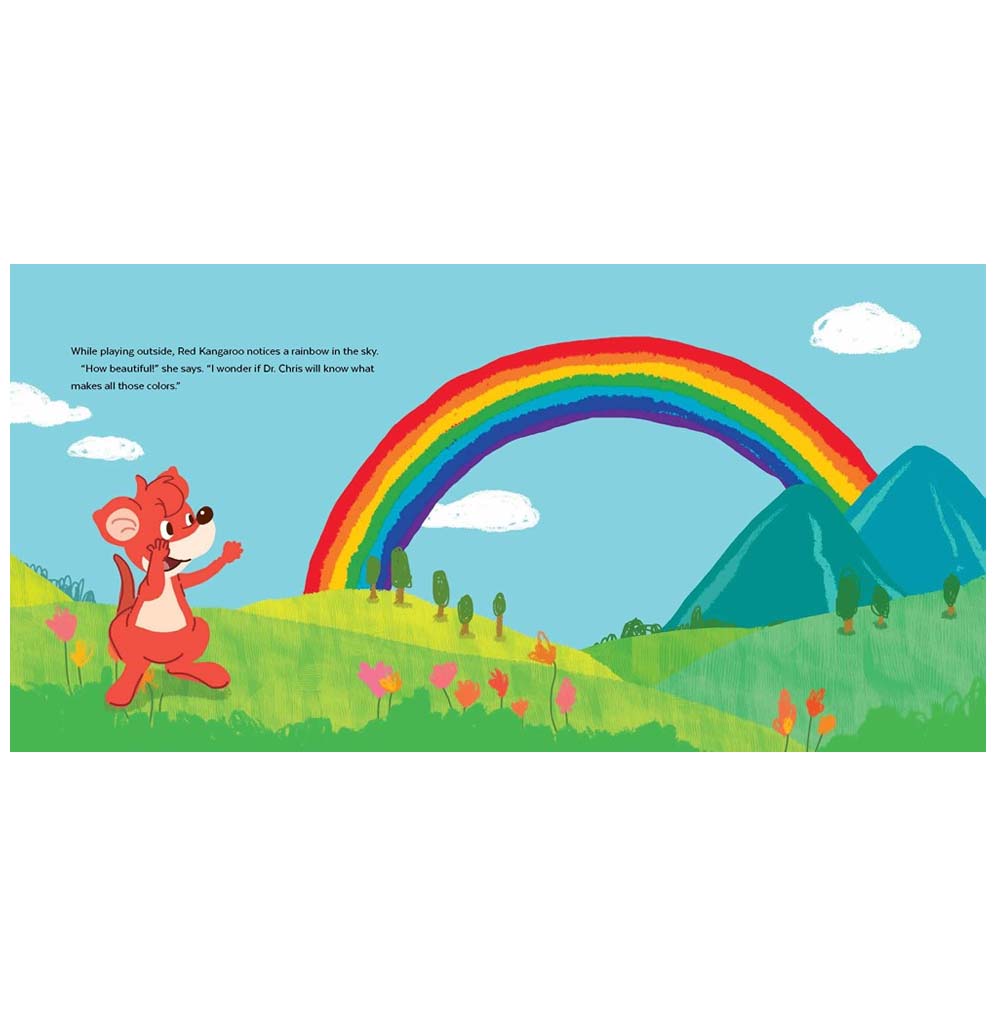 A red cartoon kangaroo is standing in a field; a large rainbow is streaming across the sky in the distance.