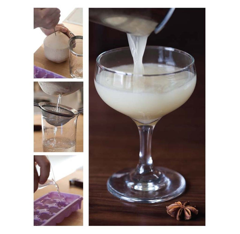 A step-by-step image of extracting and straining the liquid from a coconut, freezing it, and then pouring it into a cocktail glass.