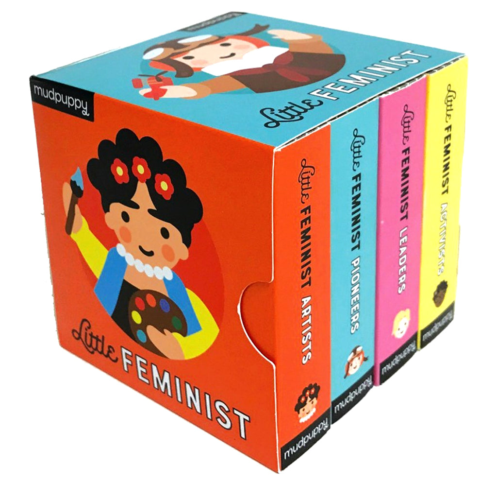 This is a board book box set of four books in red, blue, pink, and yellow; Frida Kahlo and Amelia Earhart are illustrated.