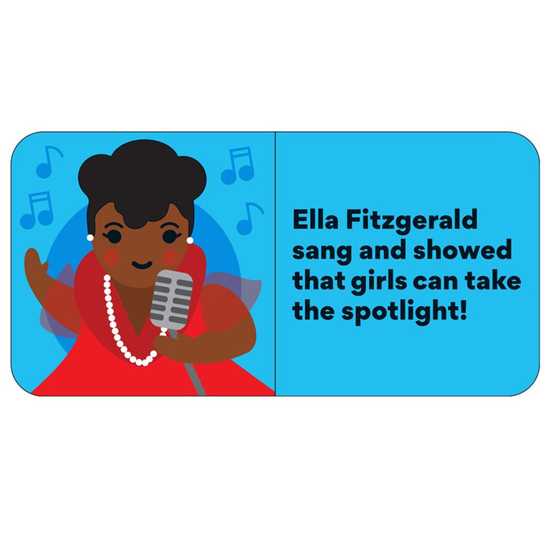 A layout page in blue featuring Ella Fitzgerald, an artist who proved women take the spotlight.