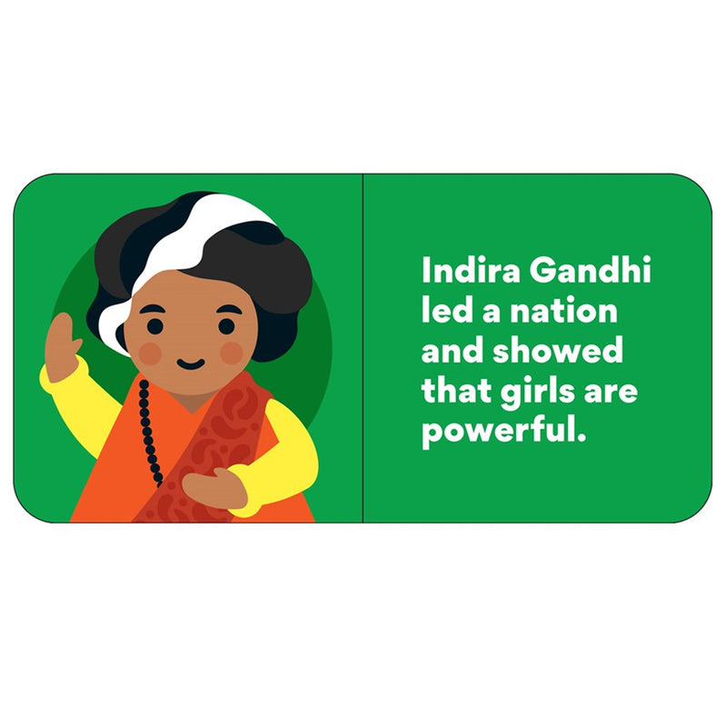 A layout page in green featuring Indira Gandhi, an activist who proved girls are powerful.