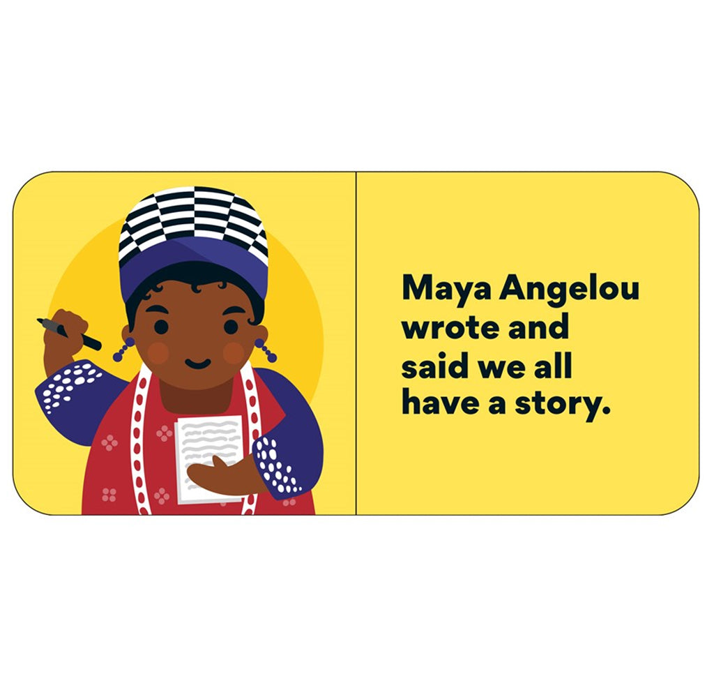 A layout page in yellow featuring Maya Angelou with her quote," We all have a story."