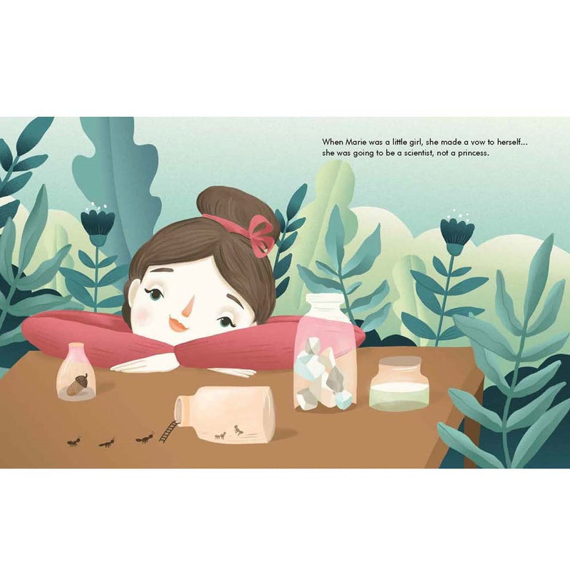 An illustrated book layout of a young Marie Curie sitting in nature with several specimen jars in front of her.