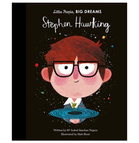 A black book with an illustration of Stephan Hawking on the cover.