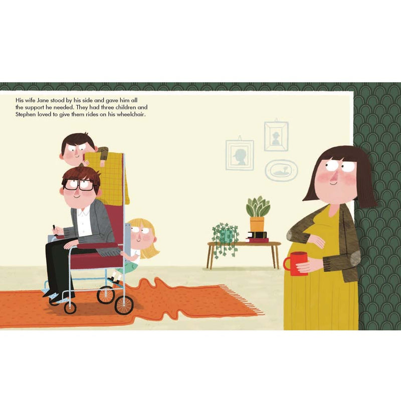 An illustration book layout of Stepan Hawking giving his children rides on his wheelchair while his wife watches.