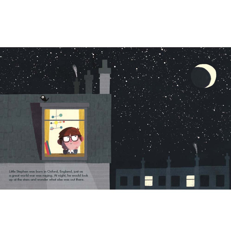 An illustration book layout of young Stephan Hawking looking at the stars through his window.