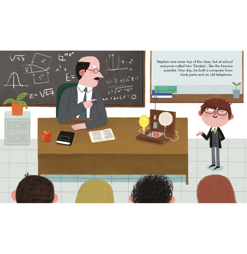 An illustration book layout of young Stephen Hawking's in his class showing one of his inventions.