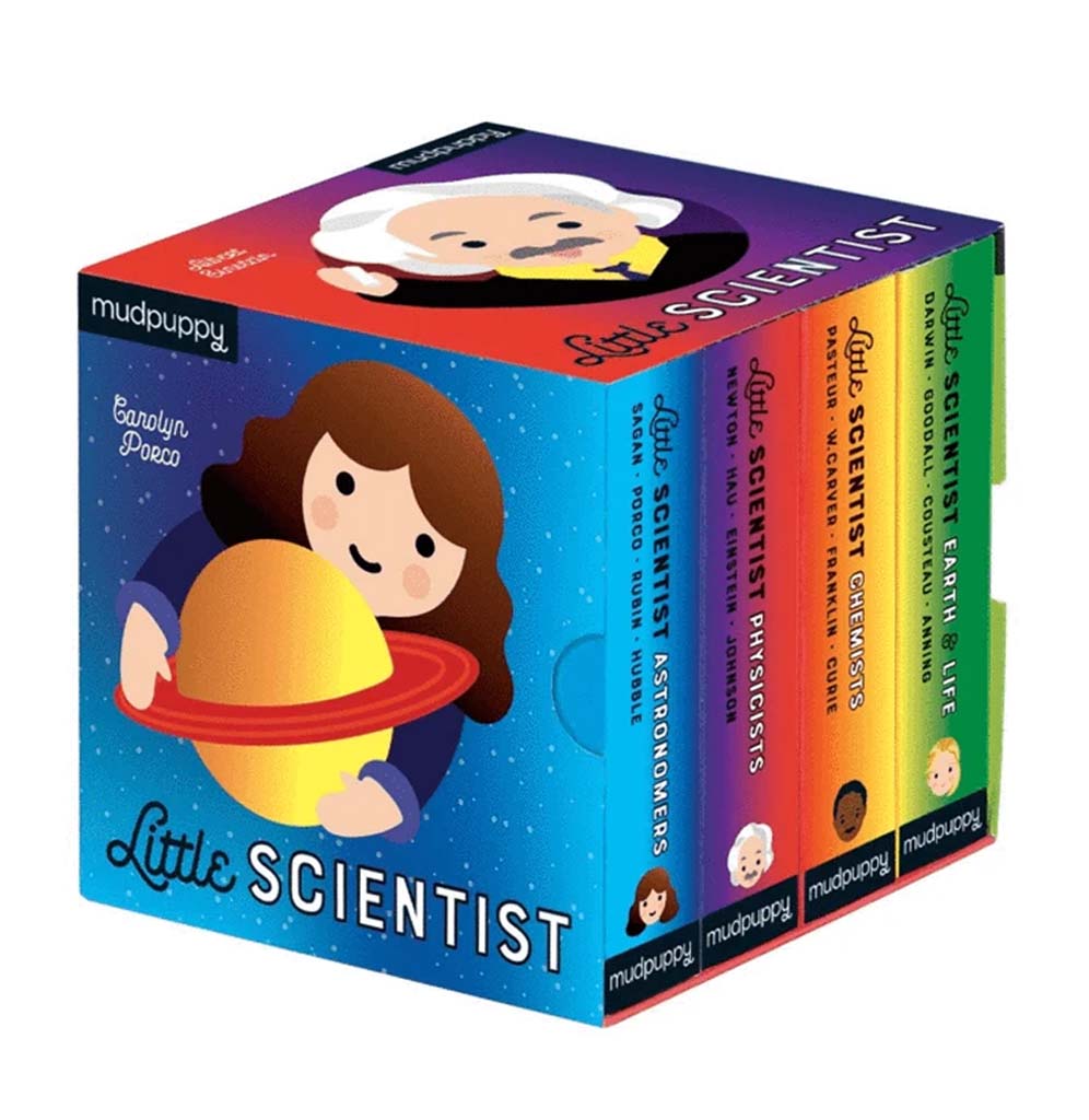 4 4" x 4" board books, Earth and Life, Chemists, Physicists, and Astronomers with slipcase. Features an illustration of Carolyn Porco and Albert Einstein.
