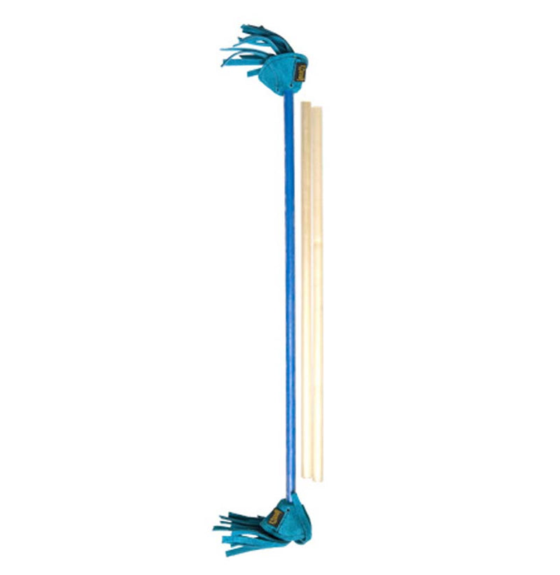 An example of the Jester Sticks, the central stick is blue with blue tassels, the tossing sticks are white.