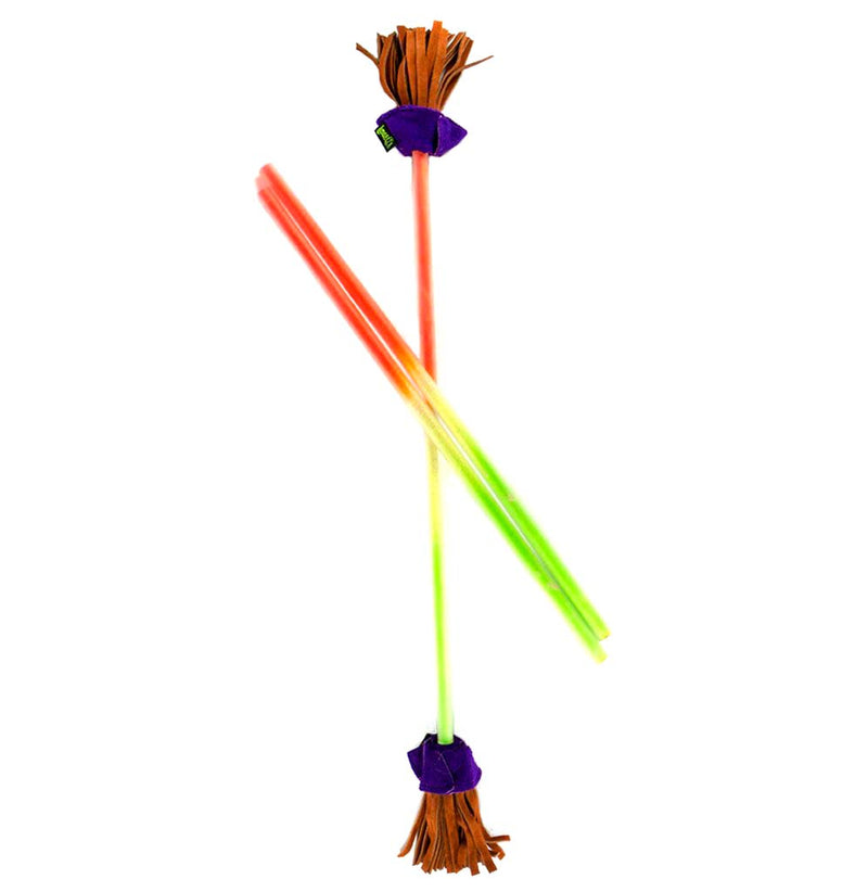 An example of the Master Sticks, the central stick is an orange, yellow, and green gradient with brown tassels; the tossing sticks to match.