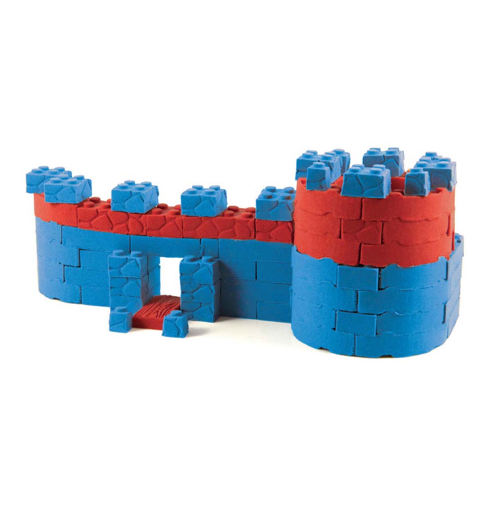A Medieval castle with a tower made out of the blue and red building compound using the block tools.