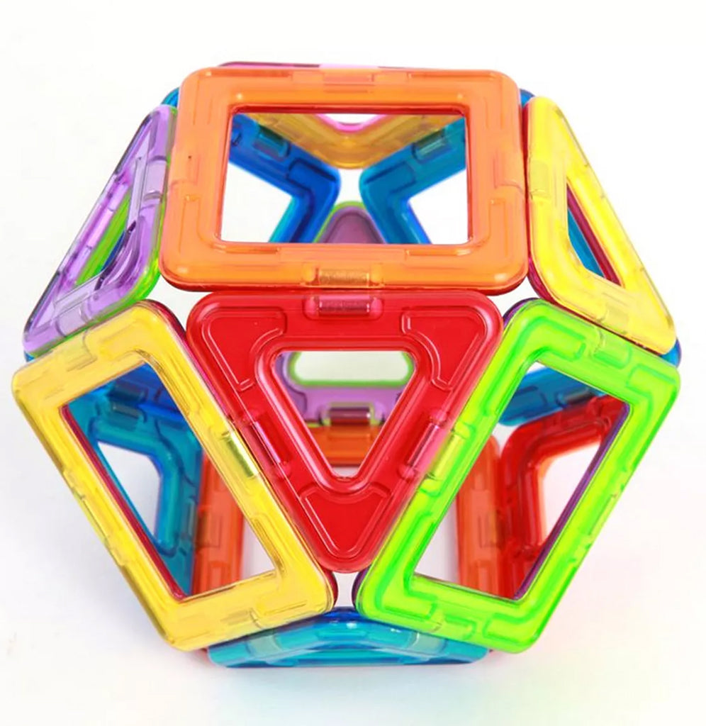 A dodecahedron made from the rainbow-colored Magnatiles.