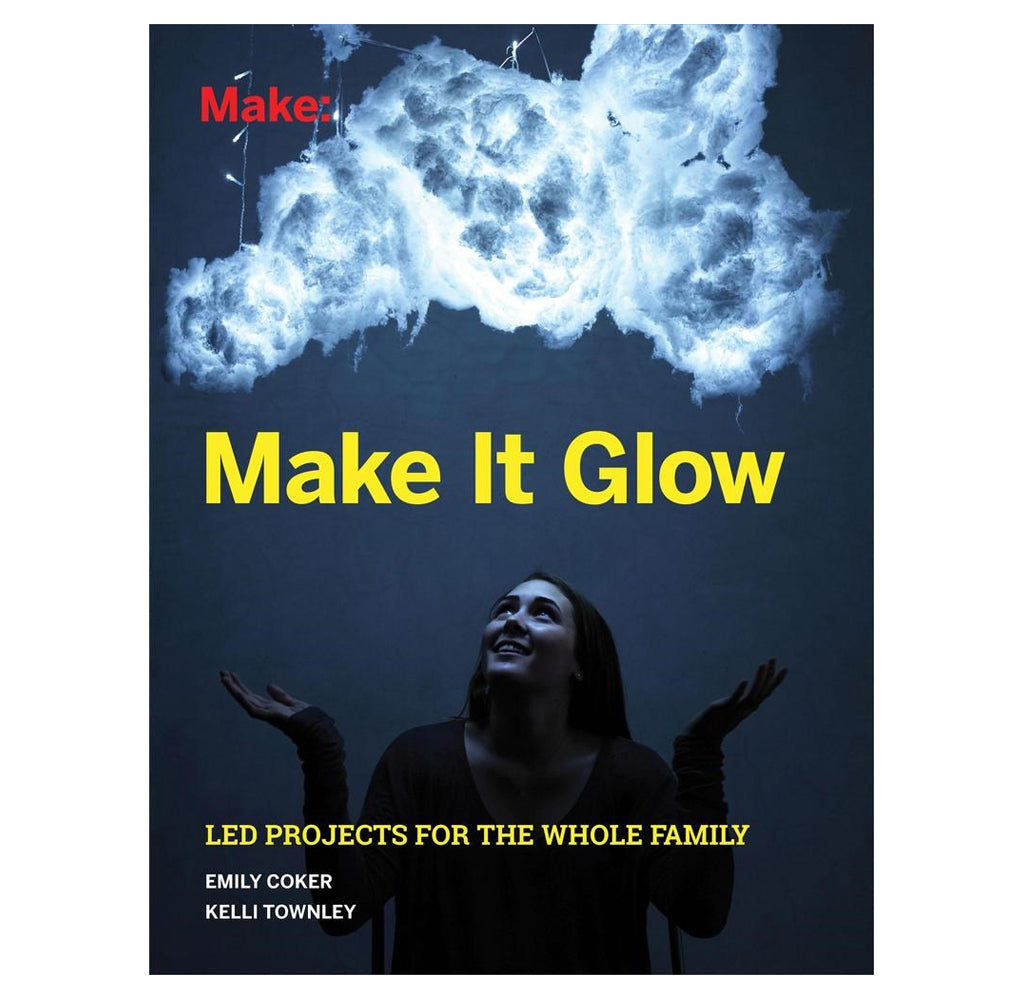 "Make it Glow" is a spiralbound softcover book with a photograph of a woman standing underneath the thundercloud project.