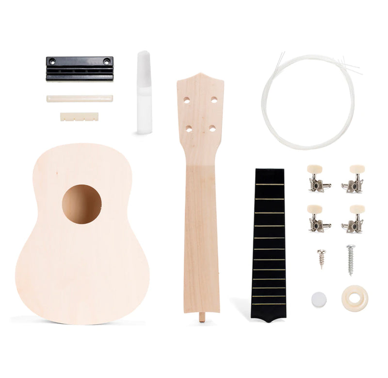 The complete kit is laid out in the individual hardware pieces; the base and the neck are light wood, tuning knobs are wood and metal, and black plastic for the cord cover and mount at the bottom for the strings.
