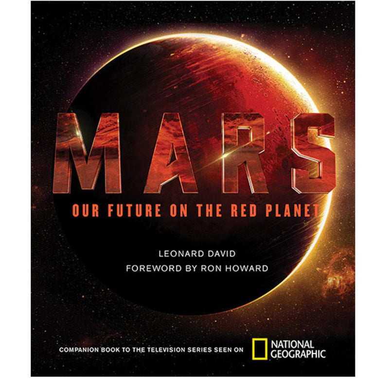 This is a hardcover with a close-up image of Mars against the starry sky; the title and subtext are in red.