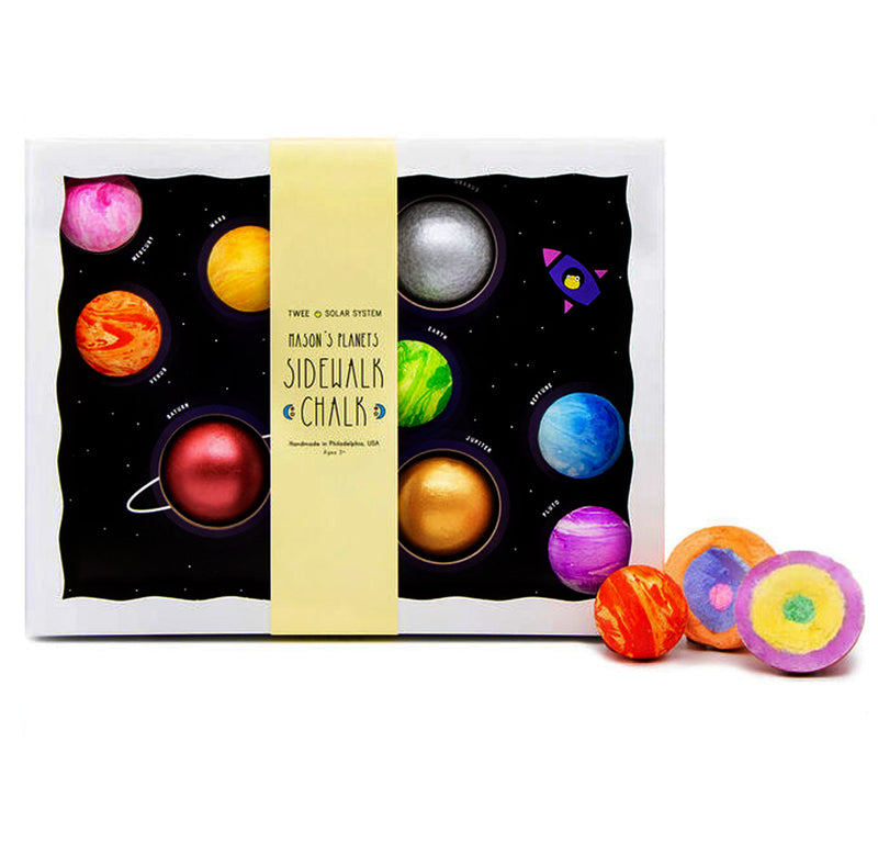 The product box has a clear cellophane cover to view the colorful chalk planets easily. Three samples sit by the side.