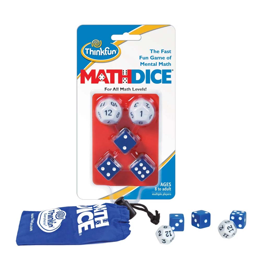 Blue, red and white packaging surrounds two white 12-sided target dice and three blue scoring dice; a blue pouch and sample dice sit in front.