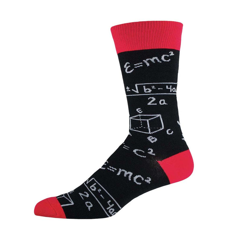 A black sock with white chalkboard style numbers and equations with red toes, tops, and heels.