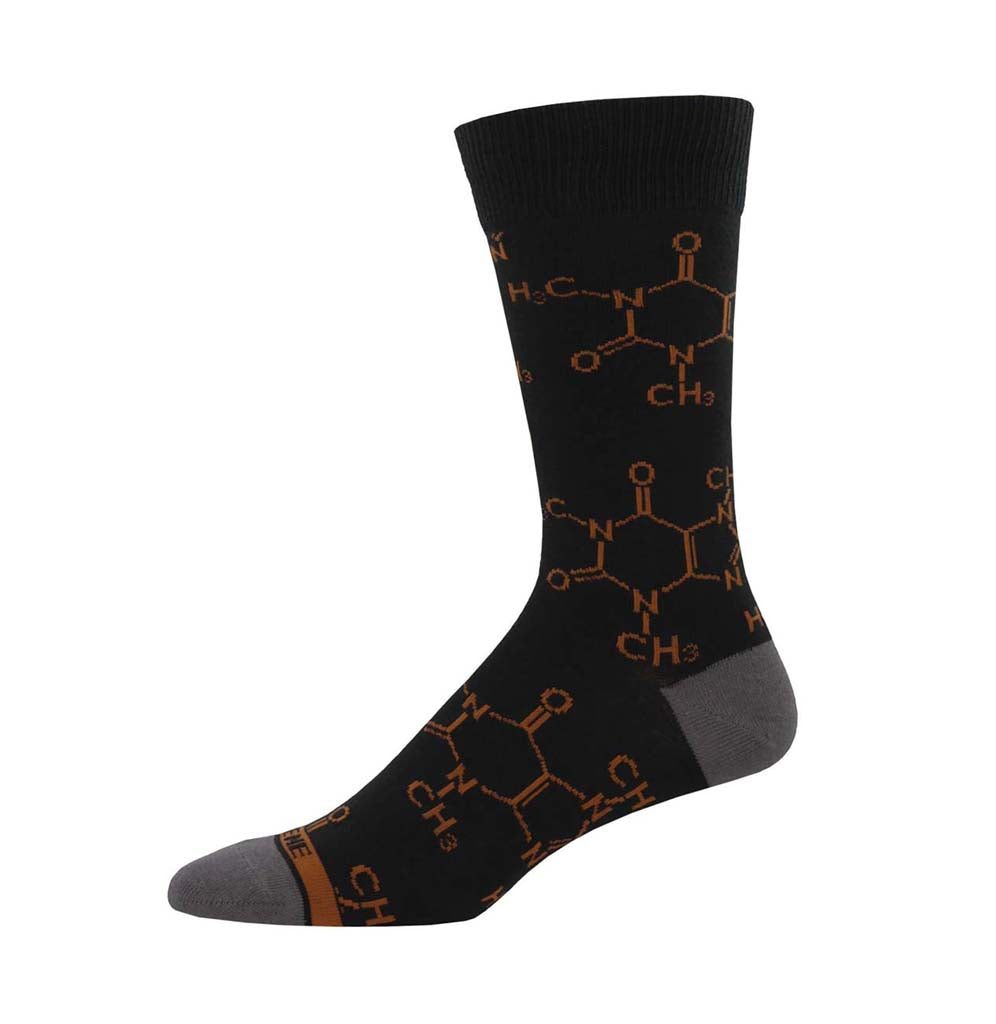 Black sock with a molecular formula for caffeine in brown ink. Gray on toe and heel area.