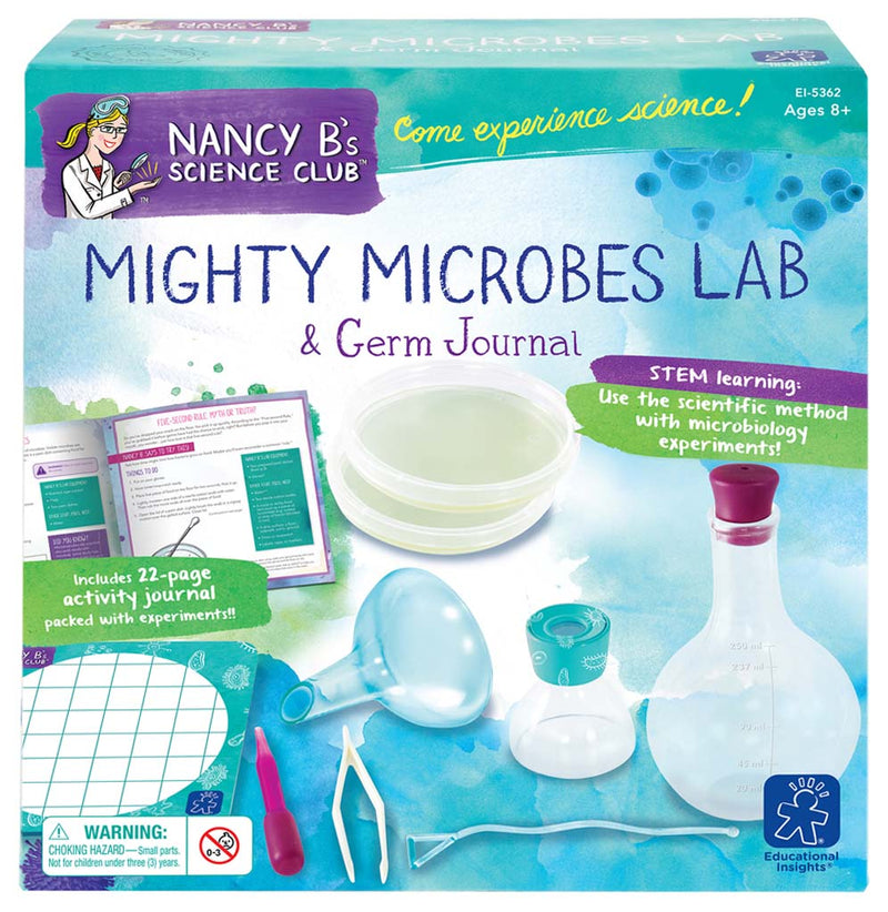 Teal, green, and purple colored box with different scientific experimental objects such as a beaker, Petri dishes, round bottom flask, magnification loop, and tweezers.