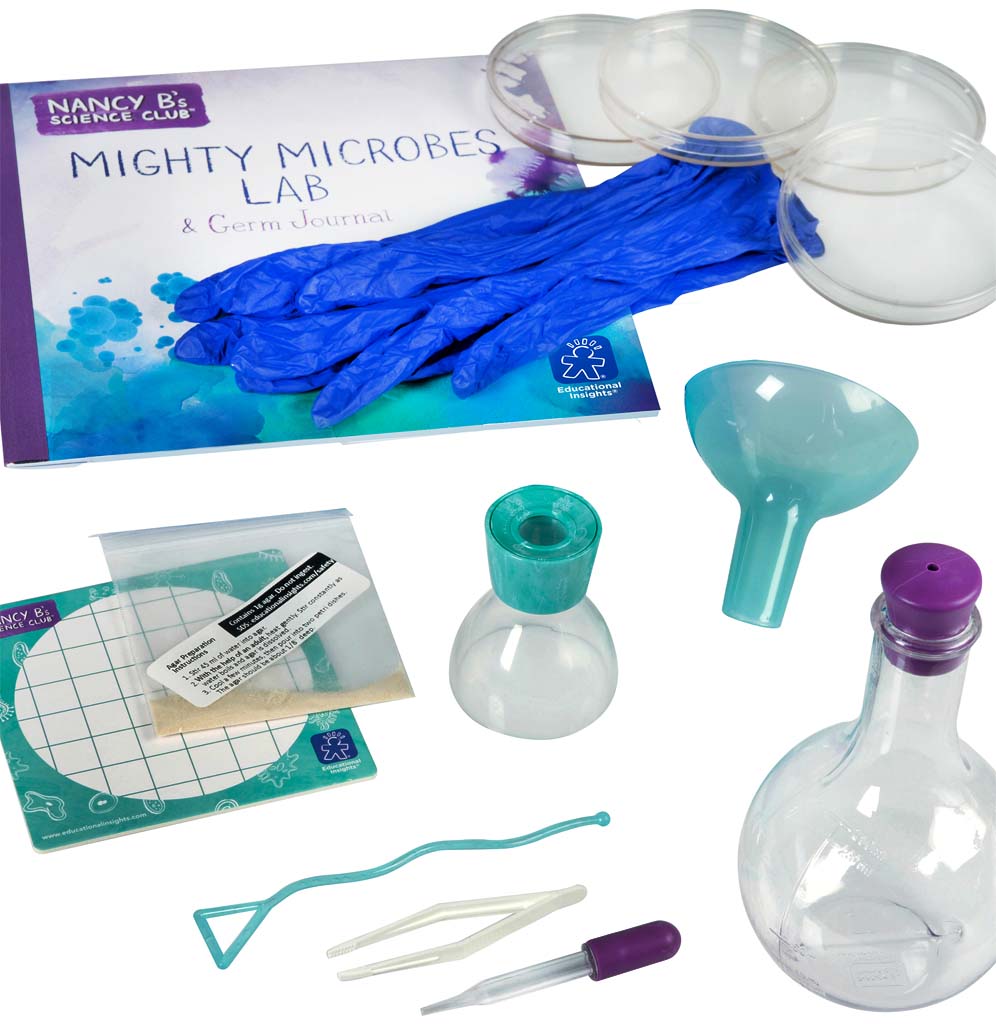 Includes 4 Petri dishes, 250mL standing round-bottomed flask with volume markings, and stopper with hole to fit on top of the flask, bacteria spreader, colony counter grid, 8x magnification loupe, tweezers, funnel, pipette, gloves, and nutrient agar packet and recipe in teal and purple accents.