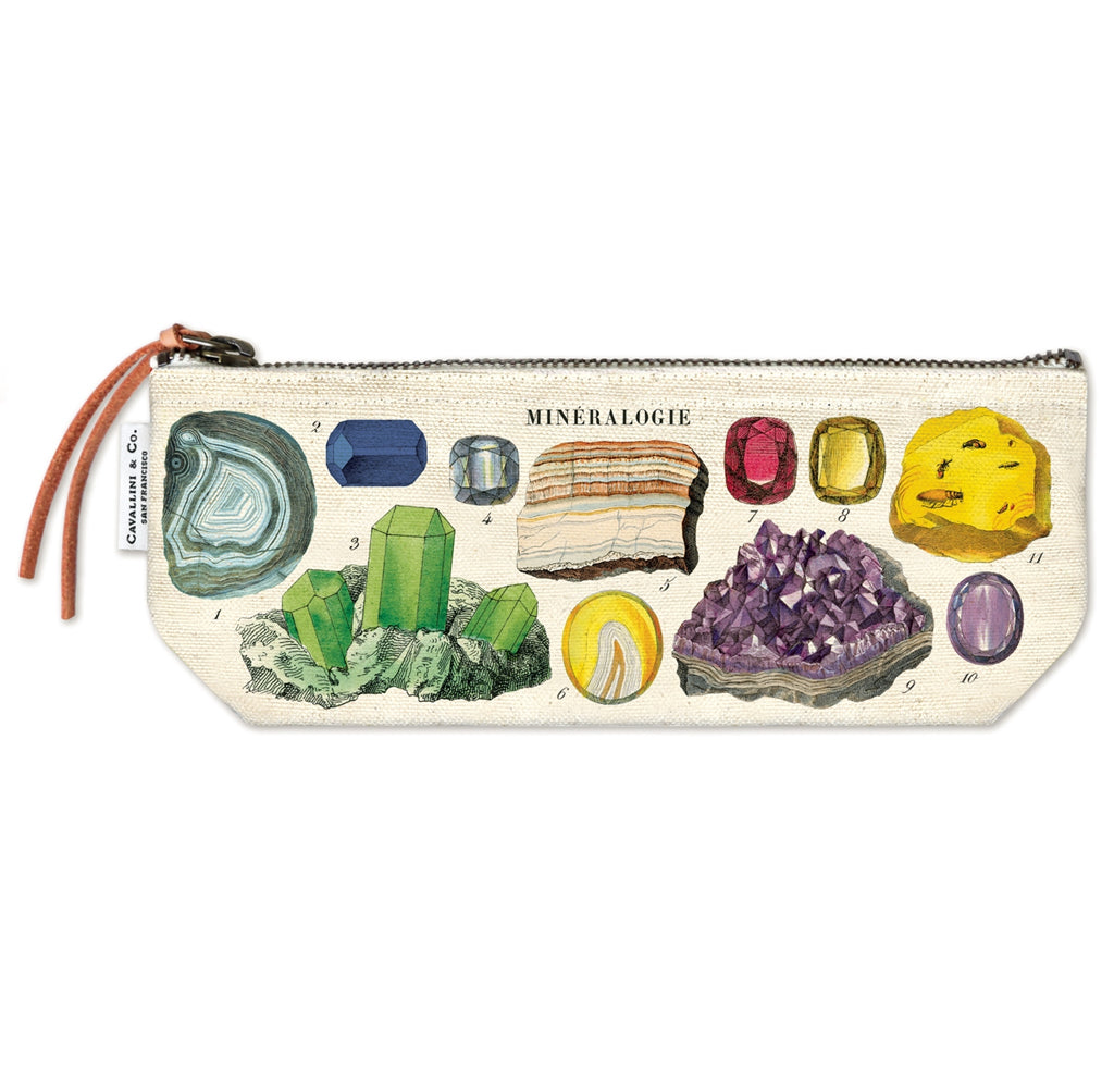 This mini pouch features a collection of brightly colored minerals and gems against a canvas background.