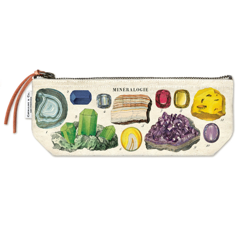 This mini pouch features a collection of brightly colored minerals and gems against a canvas background.