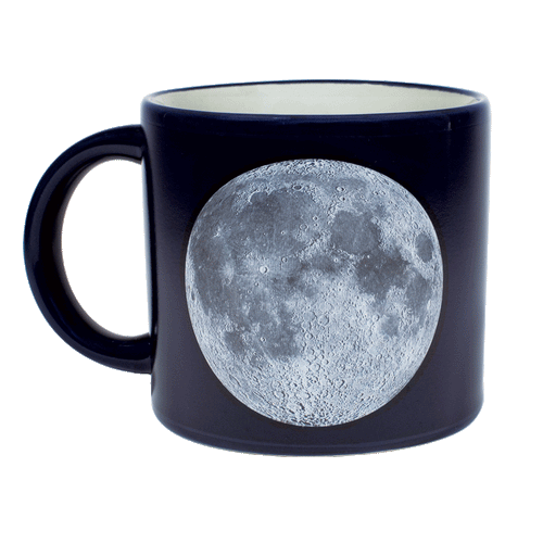Giff image. When the mug is cold, the Moon is set against a sea of black. Add a steaming beverage, and then the mug transforms, revealing the names of the Appolo missions, astronauts, landing sites, and milestones.