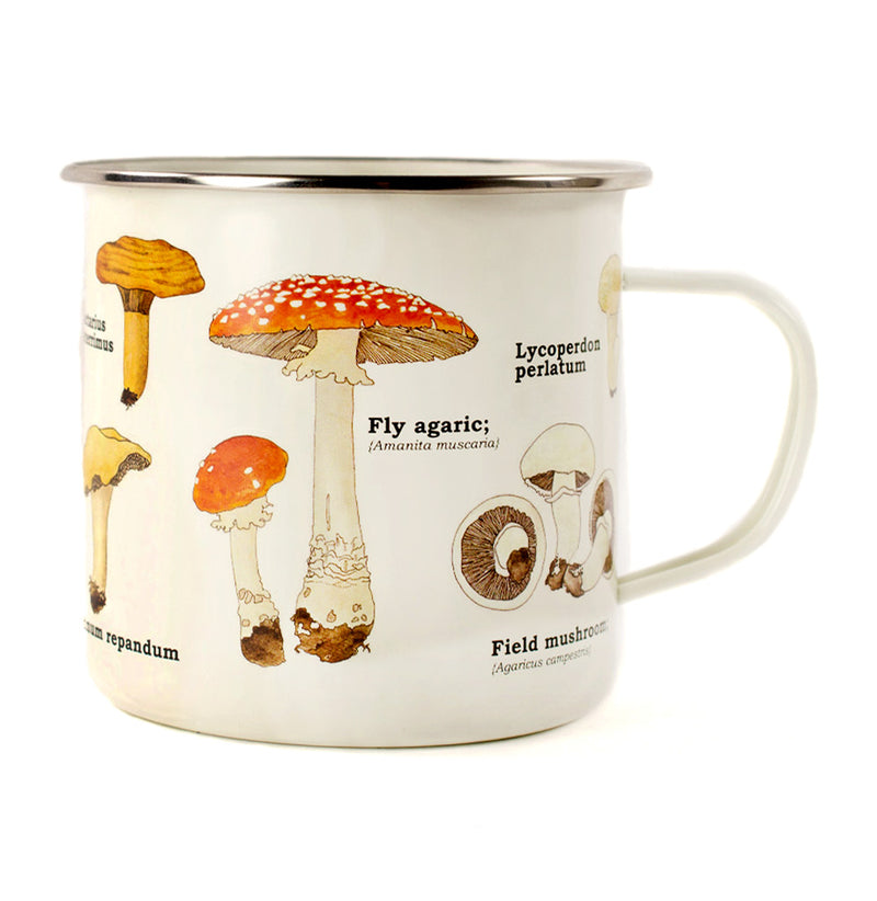 A 15oz enameled mushroom mug. It is a cream color with the common and scientific names under the mushrooms.