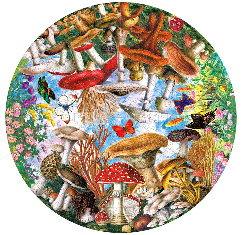 A round puzzle from an angle looking upward through the mushrooms, butterflies, flowers, and blue sky that surrounds the puzzle.